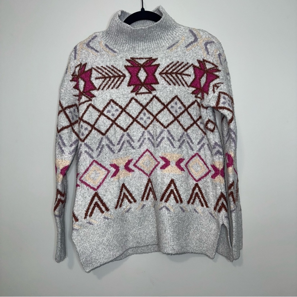 Lou & Grey Womens XS Southwestern Geometric Mock Neck Boucle Knit Sweater Grey
